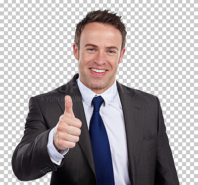 Buy stock photo Businessman, portrait and thumbs up for celebrate achievement, happy company manager or isolated transparent png background. Male person, hand gesture or positive choice for yes, victory or agreement