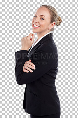 Buy stock photo Portrait, business woman with confidence and smile isolated on a transparent png background. Suit, happy professional entrepreneur and agent, corporate employee or female consultant working in Canada