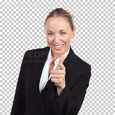 Buy stock photo Business woman, portrait or pointing to you with finger gun for choice, decision or invitation to join us isolated on transparent png background. Happy worker, emoji direction or offer of recruitment