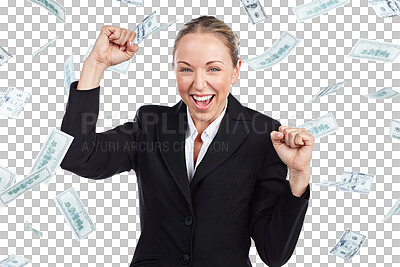 Buy stock photo Portrait, money and a winner business woman isolated on a transparent background for promotion or bonus. Smile, success and finance with a young employee on PNG for a happy celebration achievement