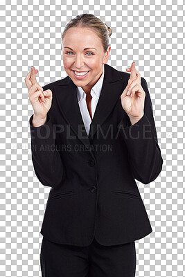 Buy stock photo Portrait, happy business woman or fingers crossed for hope, good feedback or deal isolated on transparent png background. Worker, emoji sign or wish for winning, promotion opportunity or bonus reward