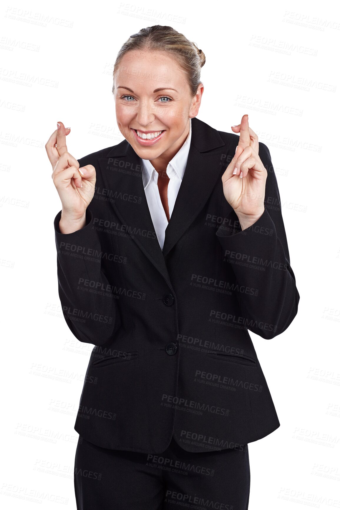 Buy stock photo Portrait, happy business woman or fingers crossed for hope, good feedback or deal isolated on transparent png background. Worker, emoji sign or wish for winning, promotion opportunity or bonus reward