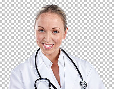 Buy stock photo Woman, face portrait and smile of doctor for healthcare services, professional consulting or isolated on transparent png background. Happy surgeon, hospital therapist or trust for expert medical help