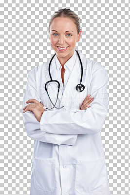 Buy stock photo Woman, portrait and doctor with arms crossed for healthcare services, medicine and professional consulting isolated on transparent png background. Happy surgeon, therapist and trust for medical help