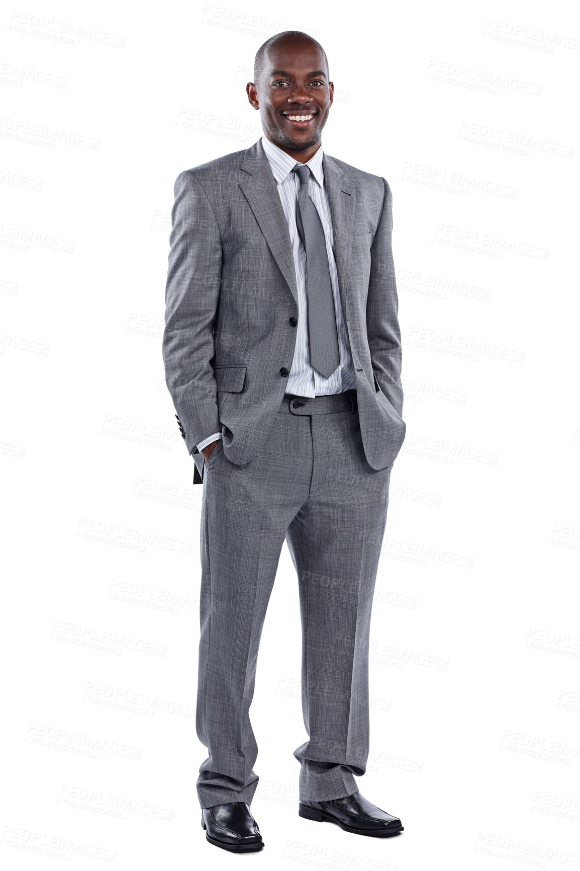 Buy stock photo Portrait, business and confident black man, smile and isolated on a transparent png background. Suit, hands in pocket and happy professional entrepreneur, agent and corporate employee in South Africa