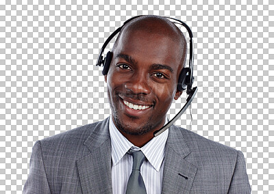 Buy stock photo Call center, portrait and black man with smile for customer service, IT support and CRM questions isolated on transparent png background. Telemarketing salesman, telecom and microphone for consulting