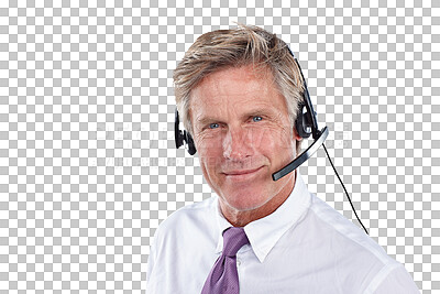 Buy stock photo Businessman, portrait and headset for phone call at telemarketing office or customer service, advice or isolated on transparent png background. Male person, face and sales talk, consulting or help