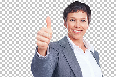 Buy stock photo Business, thumbs up and portrait of mature woman isolated on transparent png background with smile. Happy businesswoman, office manager or professional person with thank you, agreement and gratitude.