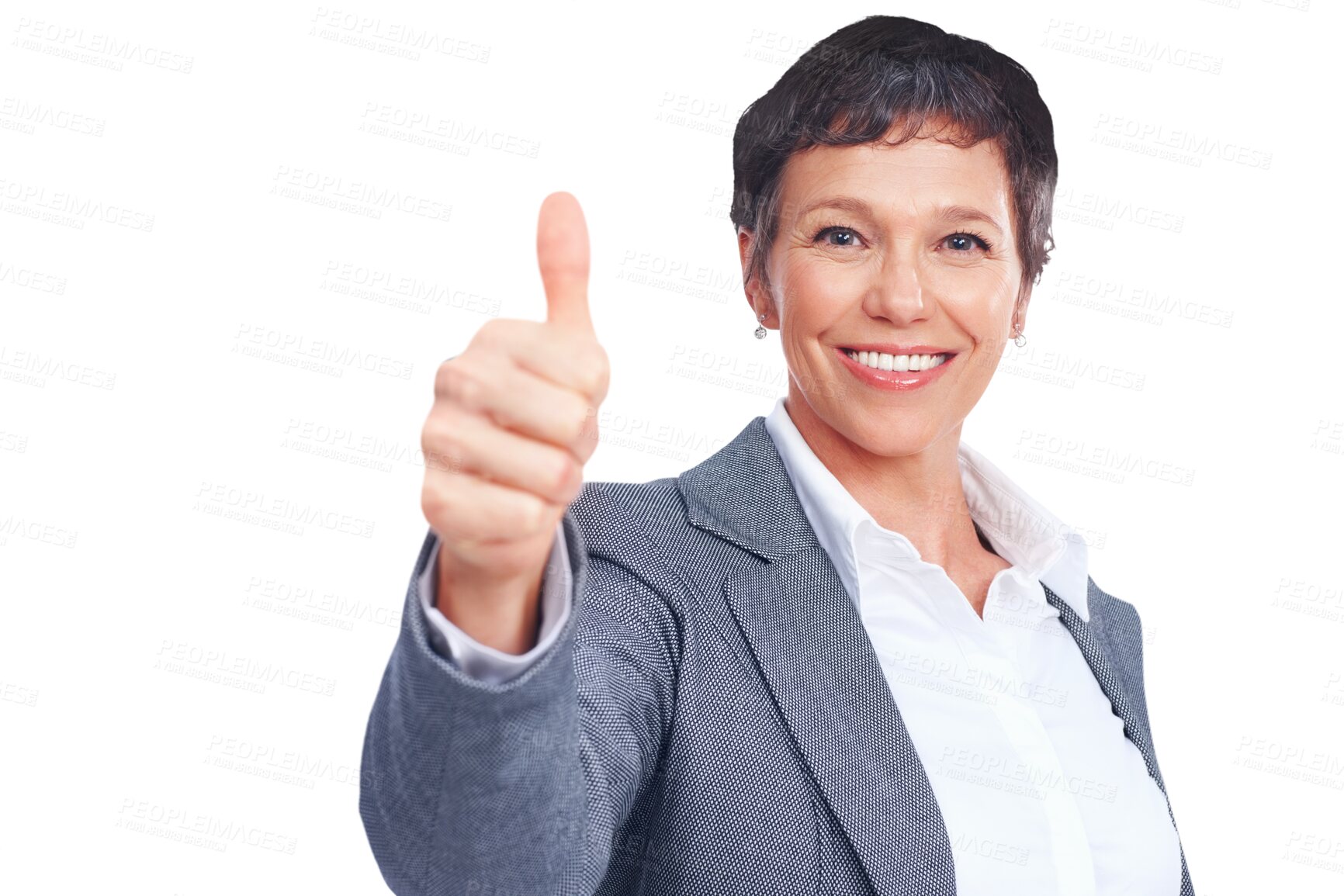 Buy stock photo Business, thumbs up and portrait of mature woman isolated on transparent png background with smile. Happy businesswoman, office manager or professional person with thank you, agreement and gratitude.