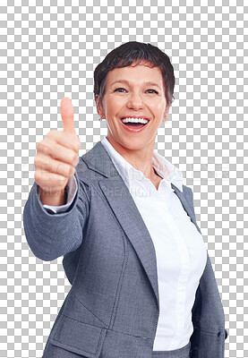 Buy stock photo Business, thumbs up and face of mature woman isolated on transparent png background with smile. Happy businesswoman, office manager or professional with thank you, agreement and gratitude in portrait