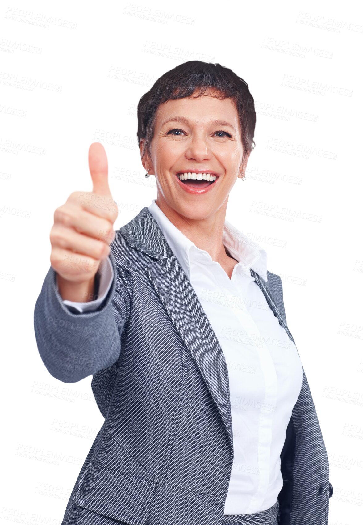 Buy stock photo Business, thumbs up and face of mature woman isolated on transparent png background with smile. Happy businesswoman, office manager or professional with thank you, agreement and gratitude in portrait