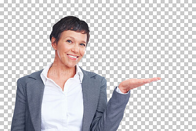 Buy stock photo Business, presentation and portrait of mature woman isolated on transparent png background with smile. Happy businesswoman, manager or professional with executive career pointing with hand out