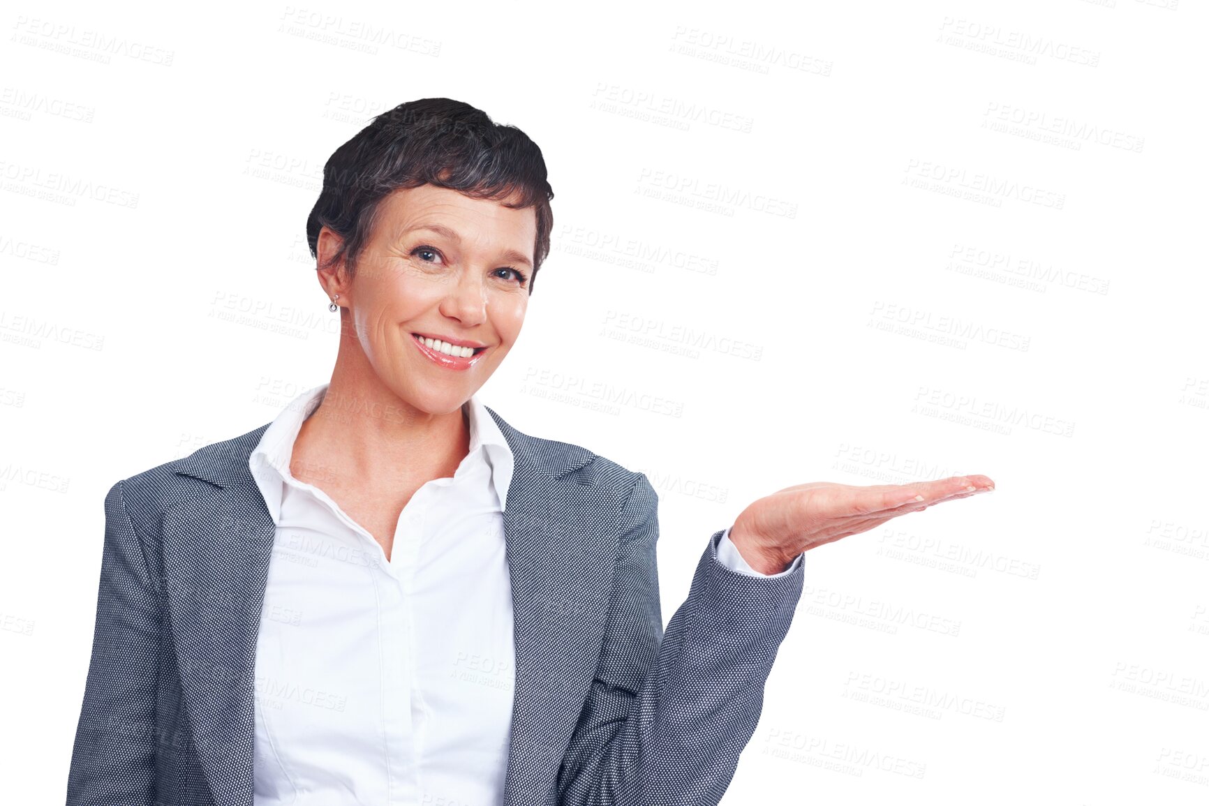 Buy stock photo Business, presentation and portrait of mature woman isolated on transparent png background with smile. Happy businesswoman, manager or professional with executive career pointing with hand out