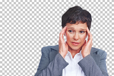 Buy stock photo Business, stress and mature woman with headache isolated on transparent png background. Businesswoman, office manager or professional with executive career, anxiety and pain from burnout migraine.