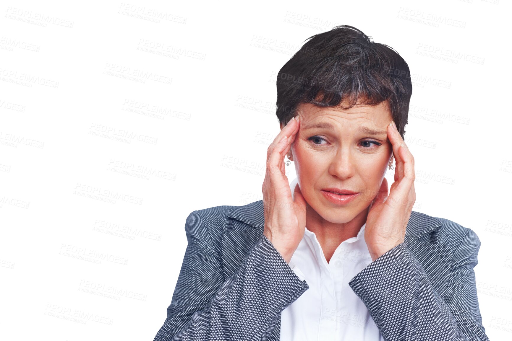 Buy stock photo Business, stress and mature woman with headache isolated on transparent png background. Businesswoman, office manager or professional with executive career, anxiety and pain from burnout migraine.