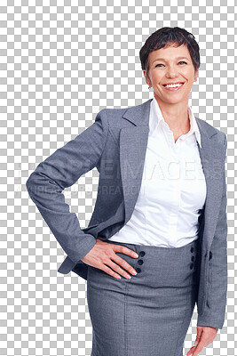 Buy stock photo Smile, confident and portrait of business woman with classy, stylish and elegant fashion outfit. Happy, professional and female person from Canada with style isolated by transparent png background