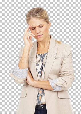 Buy stock photo Business, woman and headache with stress, burnout and employee isolated on a transparent background. Person, entrepreneur and consultant with a migraine, overworked and png with anxiety or depression