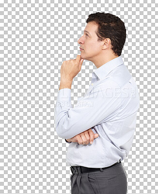 Buy stock photo Profile, thinking and business with man, ideas and employee isolated on a transparent background. Person, model and entrepreneur with planning, problem solving and decision with png, wonder or choice