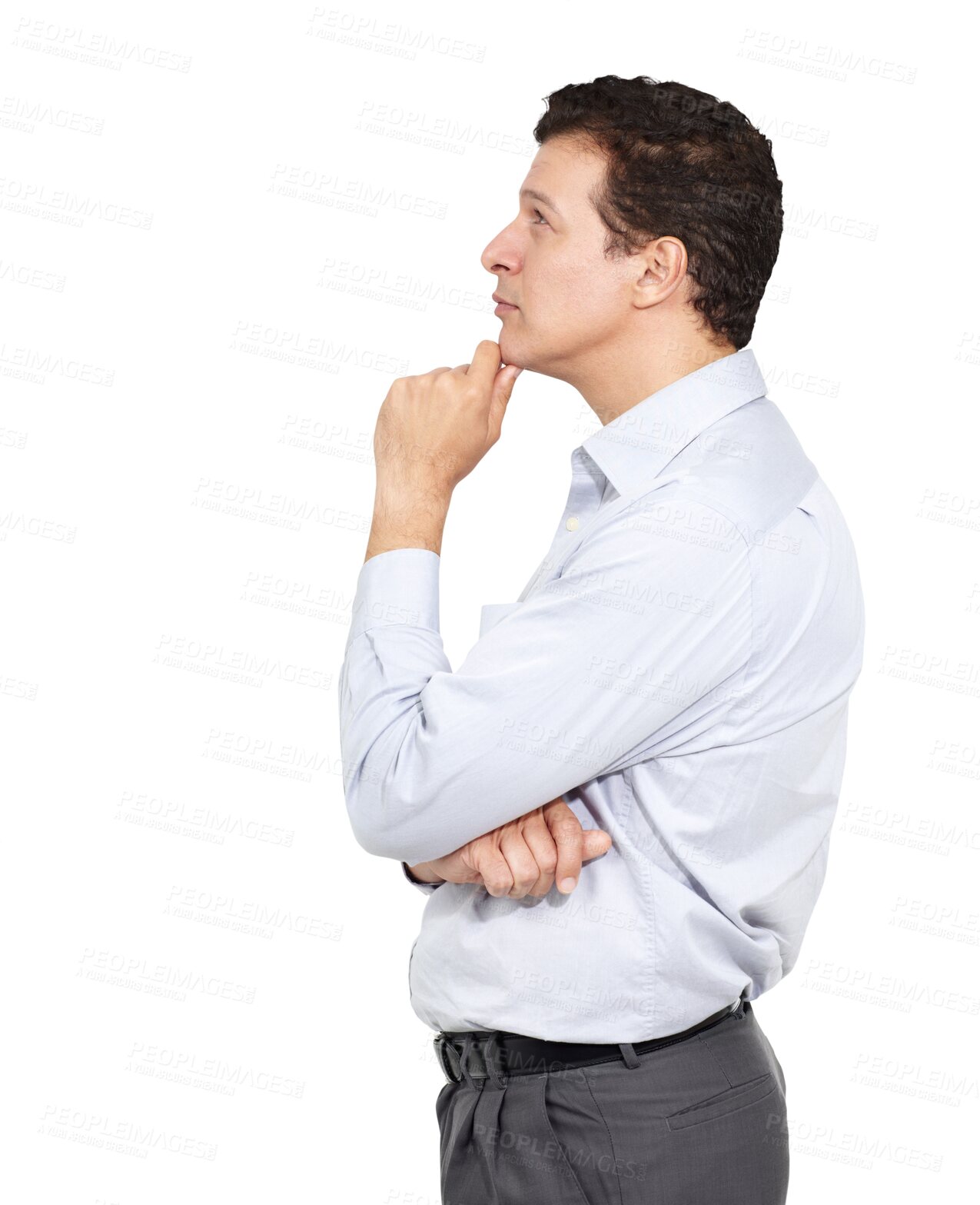 Buy stock photo Profile, thinking and business with man, ideas and employee isolated on a transparent background. Person, model and entrepreneur with planning, problem solving and decision with png, wonder or choice