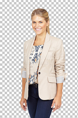 Buy stock photo Happy, confident and portrait of young woman with casual, stylish and trendy outfit for clothing. Smile, fashion and female model from Australia with style isolated by transparent png background.