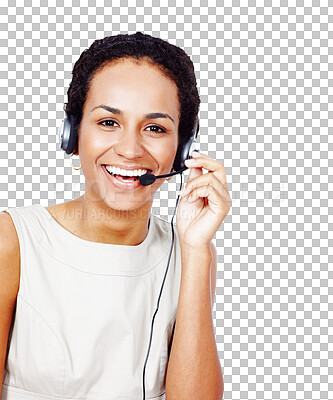 Buy stock photo Smile, call center and portrait of woman consultant with positive, good and confident attitude. Happy, crm and female customer service agent with headset isolated by transparent png background.