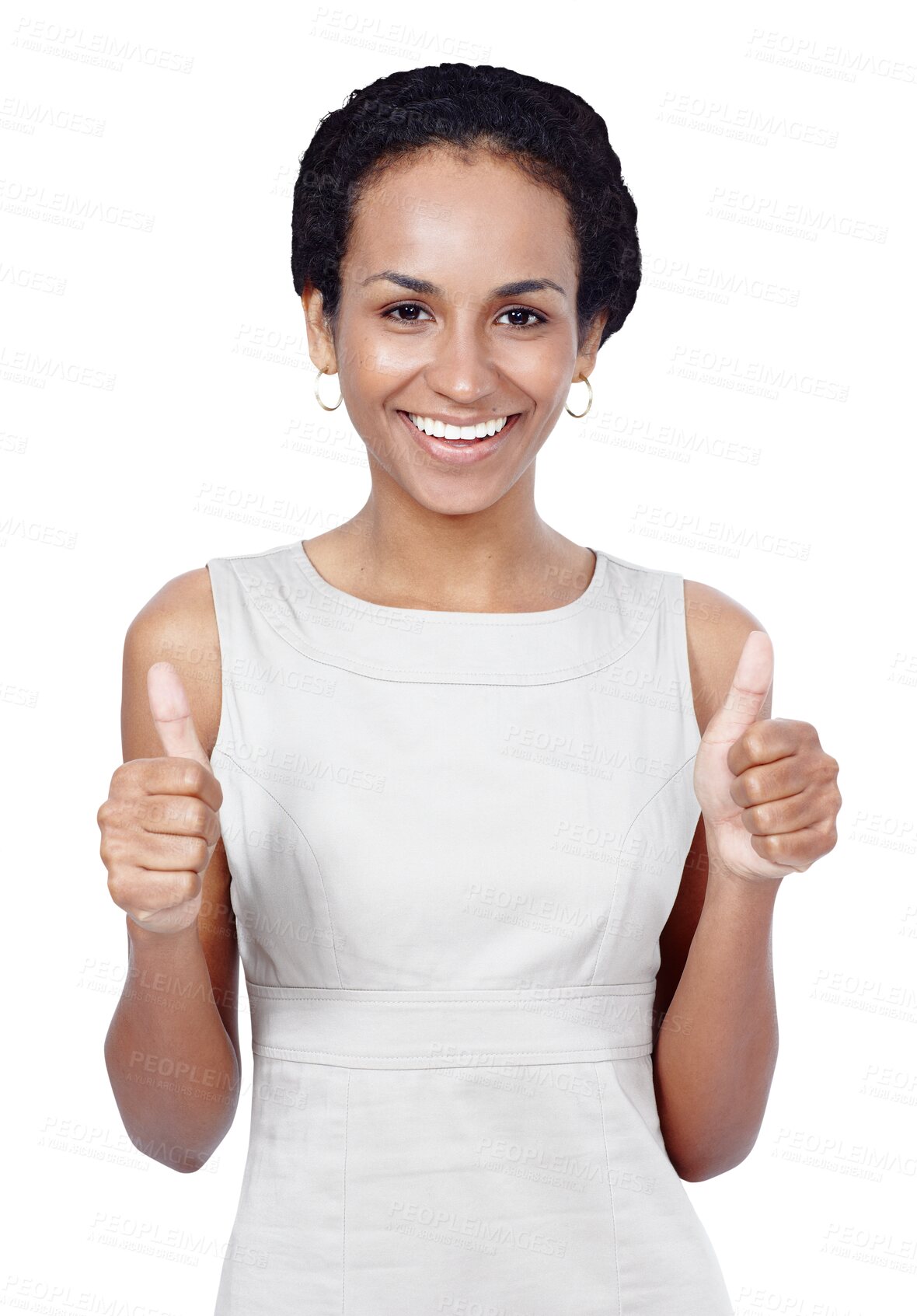 Buy stock photo Woman, smile and portrait with thumbs up sign with support achievement and vote with agreement. Mexican person, face and happy with approval emoji for yes and isolated on transparent png background