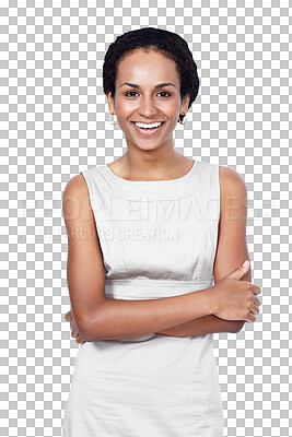 Buy stock photo Smile, crossed arms and portrait of business woman with positive, good and confident attitude. Happy, professional and female person from Colombia with fashion isolated by transparent png background.