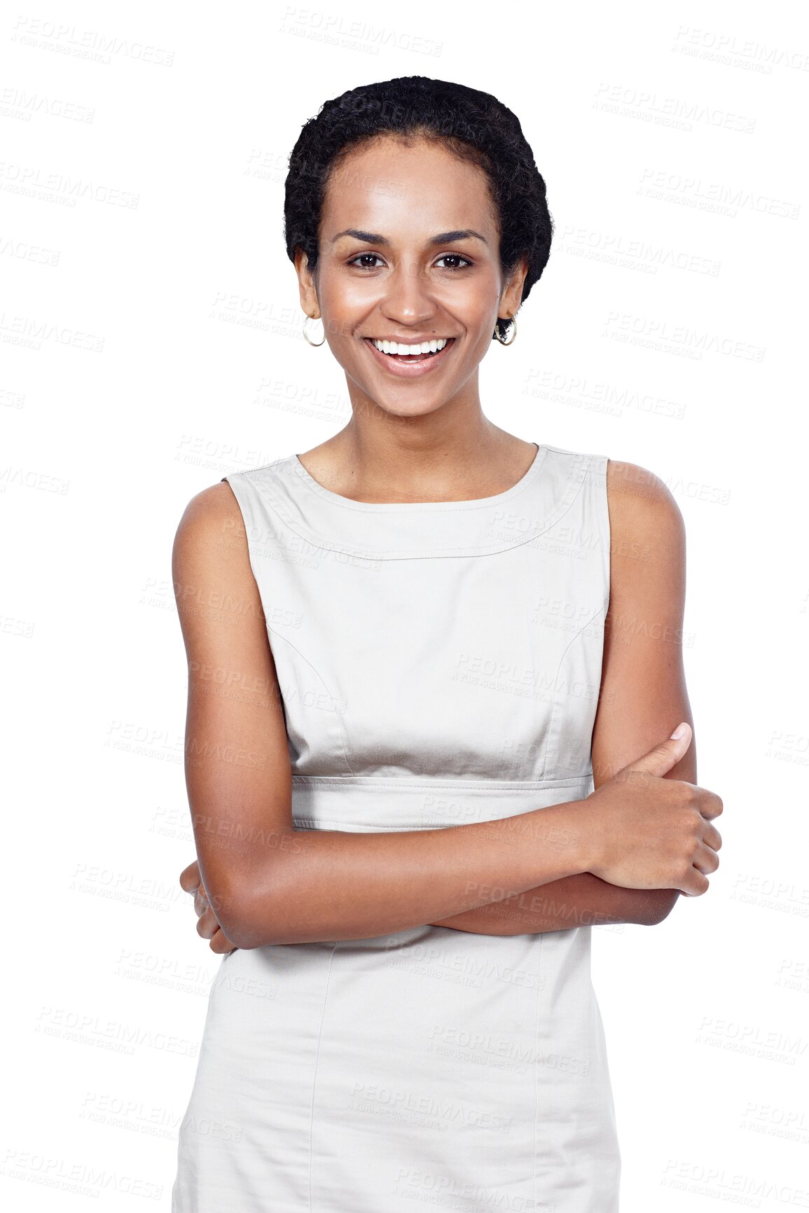 Buy stock photo Smile, crossed arms and portrait of business woman with positive, good and confident attitude. Happy, professional and female person from Colombia with fashion isolated by transparent png background.