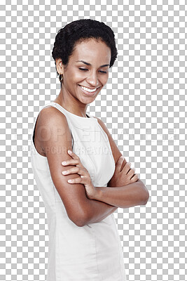 Buy stock photo Woman, confidence and smile for fashion, pride and afro or isolated on transparent png background. Black female person, positive and elegant outfit or stylish clothing, beauty and fancy aesthetic