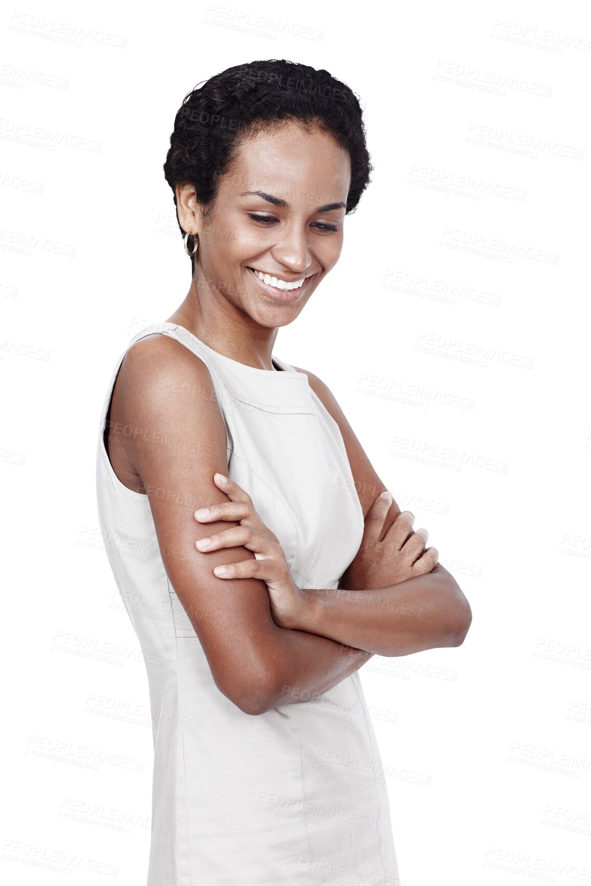 Buy stock photo Woman, confidence and smile for fashion, pride and afro or isolated on transparent png background. Black female person, positive and elegant outfit or stylish clothing, beauty and fancy aesthetic