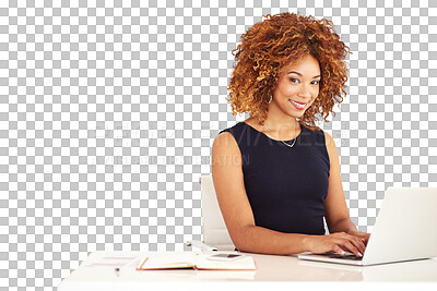 Buy stock photo Laptop, desk and portrait of business woman typing email, report or project on internet in startup. Face, happy professional or creative copywriter writing blog isolated on transparent png background