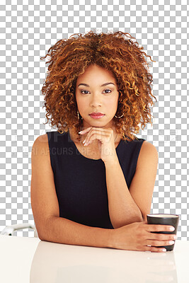 Buy stock photo Businesswoman, portrait and coffee for confidence manager, professional pride thinking or isolated transparent png background. Female person, desk and morning espresso mug, career staff or serious