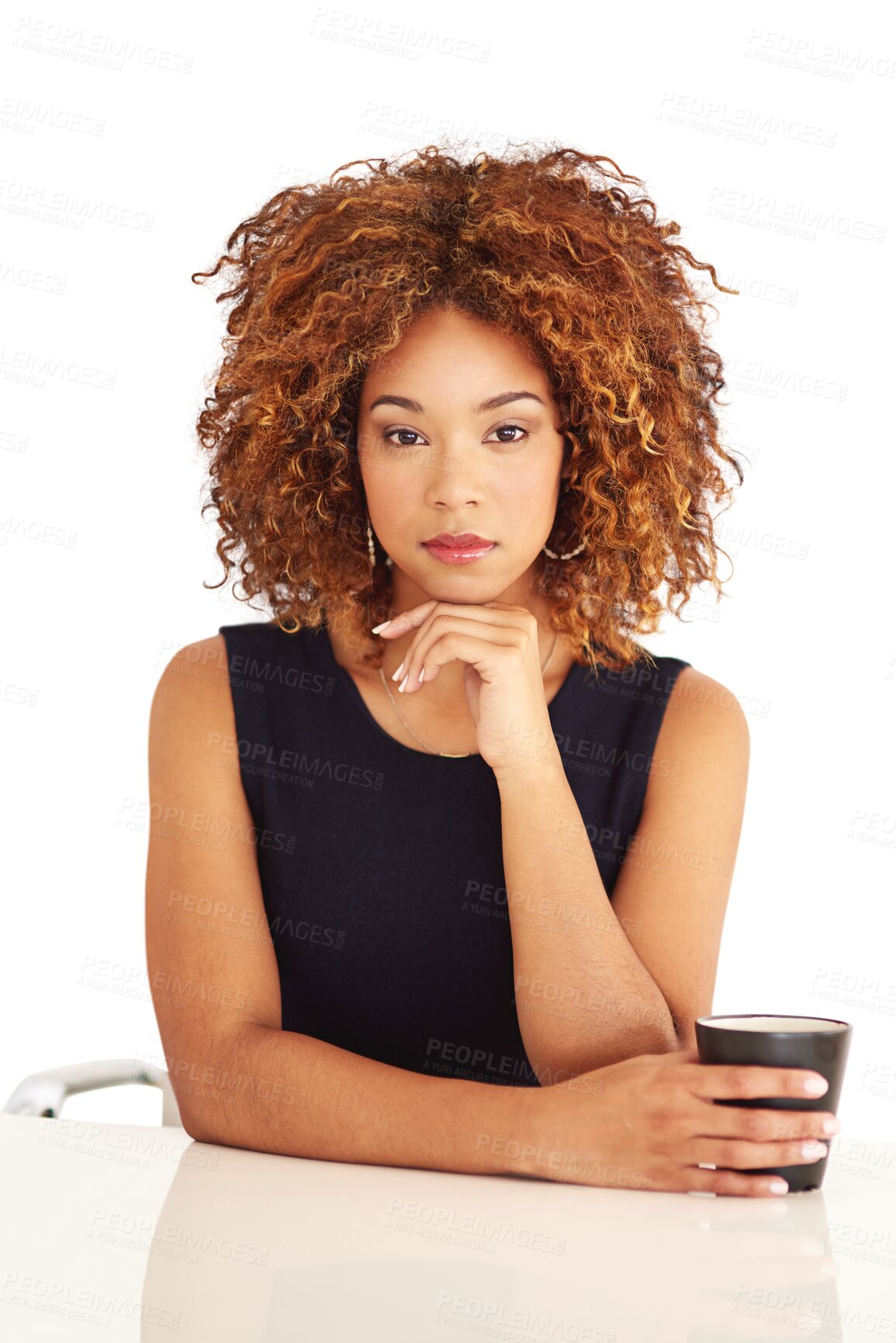 Buy stock photo Businesswoman, portrait and coffee for confidence manager, professional pride thinking or isolated transparent png background. Female person, desk and morning espresso mug, career staff or serious