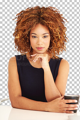 Buy stock photo Businesswoman, desk and portrait or coffee for confidence company manager, professional or isolated transparent png background. Female person, face and morning espresso mug as career staff or vision