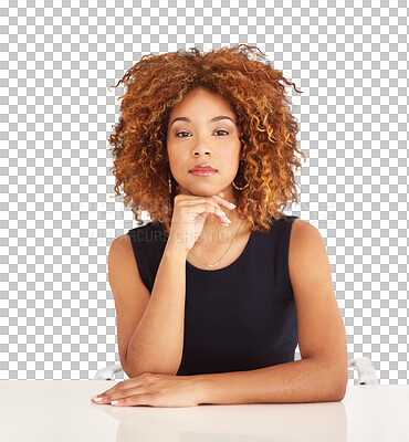 Buy stock photo Businesswoman, portrait and serious at desk as manager, professional confident or isolated transparent png background. Female person, face afro at corporate company career, advertising as employee