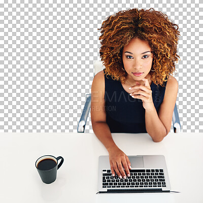 Buy stock photo Business, coffee and portrait of black woman at laptop isolated on transparent png background from above. Businesswoman, office desk and face of professional with computer, market research and job.