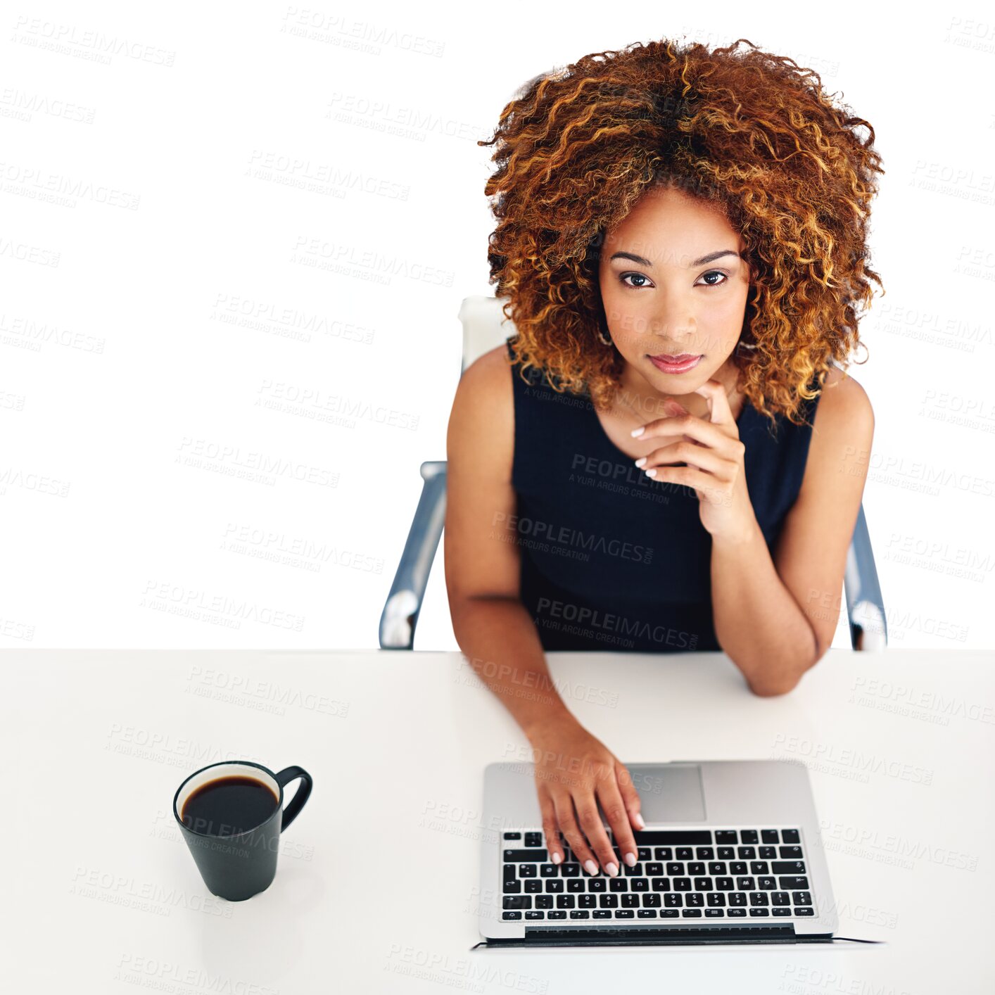 Buy stock photo Business, coffee and portrait of black woman at laptop isolated on transparent png background from above. Businesswoman, office desk and face of professional with computer, market research and job.