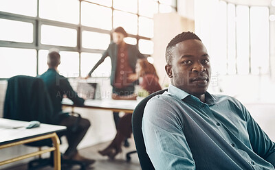 Buy stock photo Portrait of black man at office, boss and startup entrepreneur with creative ideas for business project. Leader with creativity, ideas and African businessman with plan in designer tech workspace.