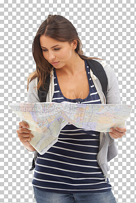 Buy stock photo Map, holiday tour and woman reading, analysis or check location, destination or planning travel route. International tourist, paper guide and vacation person isolated on transparent, png background