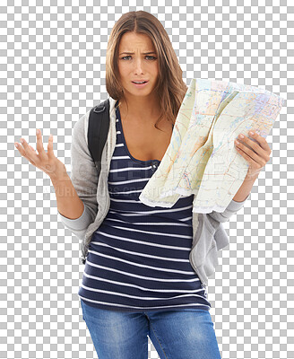 Buy stock photo Map, vacation portrait and woman confused, lost or wrong location, destination or backpacking travel problem. Crisis, paper guide or frustrated holiday tourist isolated on transparent, png background