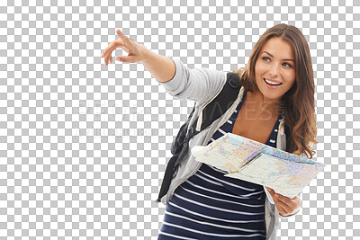 Buy stock photo Map, holiday tour or happy woman point at location direction, destination or planning travel route. Tourist adventure gesture, vacation paper guide or explorer isolated on transparent, png background