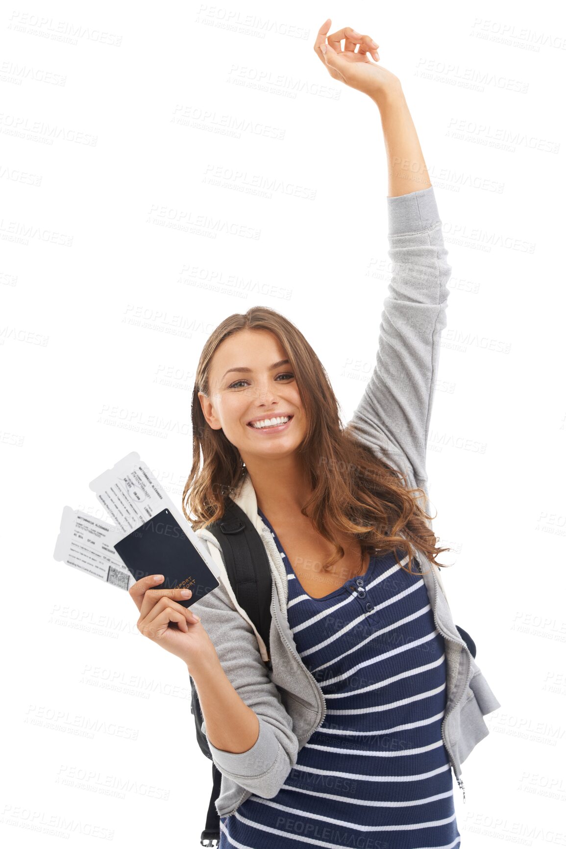 Buy stock photo Woman, portrait and passport excited or travel ticket boarding pass, vacation adventure or isolated transparent png background. Female person, face or documents, flying international on airplane trip