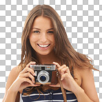 Woman, camera and portrait for travel adventure, explore or isolated transparent png background. Female person, face and digital device at tourist destination journey, trip photography on vacation