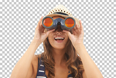 Buy stock photo Woman, binoculars and excited for adventure explore or hiking view, bird watching on environment journey. Female person, sight device or search location isolated on transparent png background