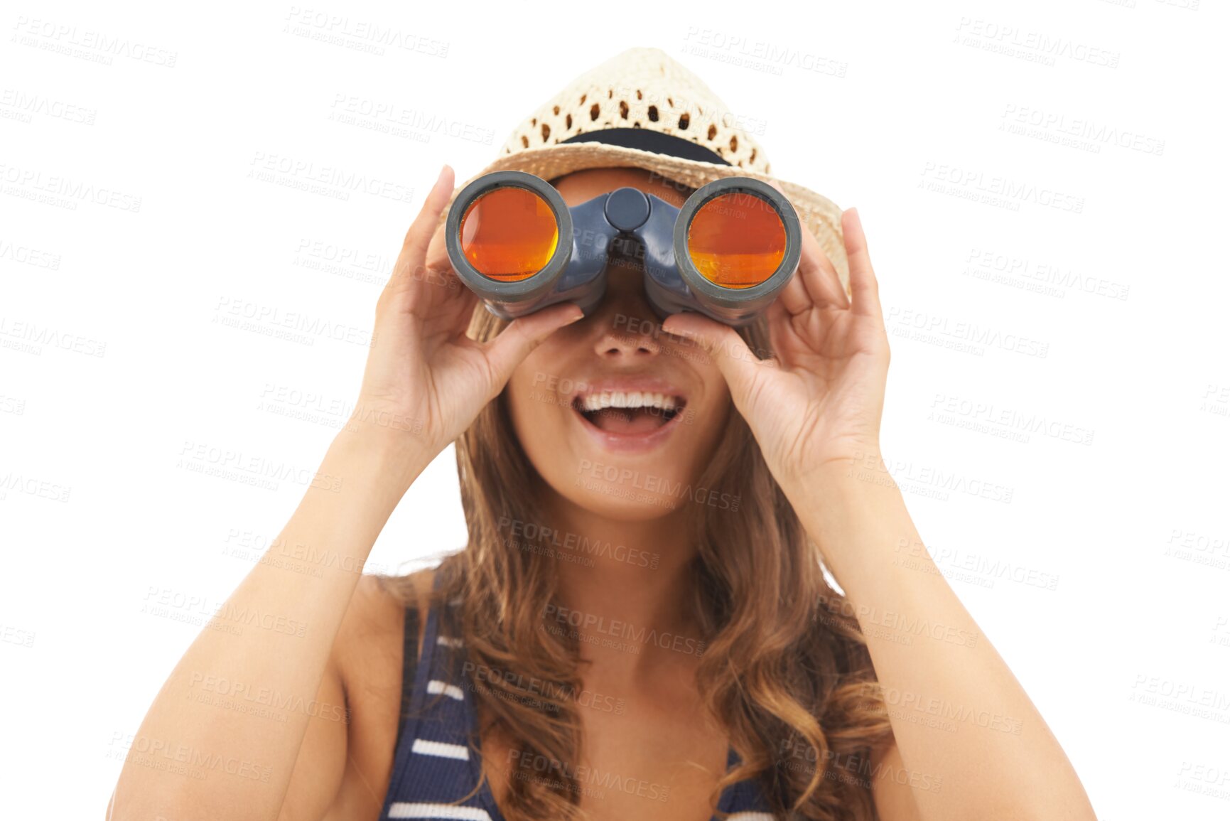 Buy stock photo Woman, binoculars and excited for adventure explore or hiking view, bird watching on environment journey. Female person, sight device or search location isolated on transparent png background