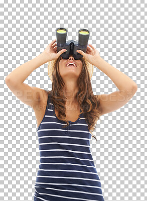 Buy stock photo Woman, binoculars and happy for adventure explore or hiking safari view, bird watching on environment journey. Female person, sight device or search location isolated on transparent png background