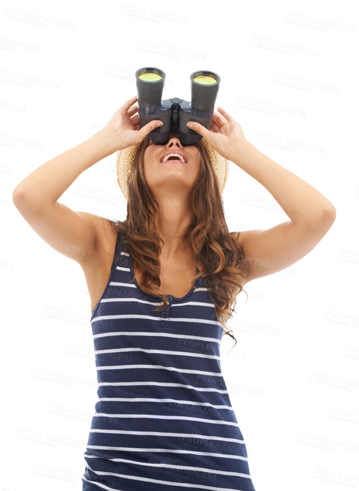 Buy stock photo Woman, binoculars and happy for adventure explore or hiking safari view, bird watching on environment journey. Female person, sight device or search location isolated on transparent png background