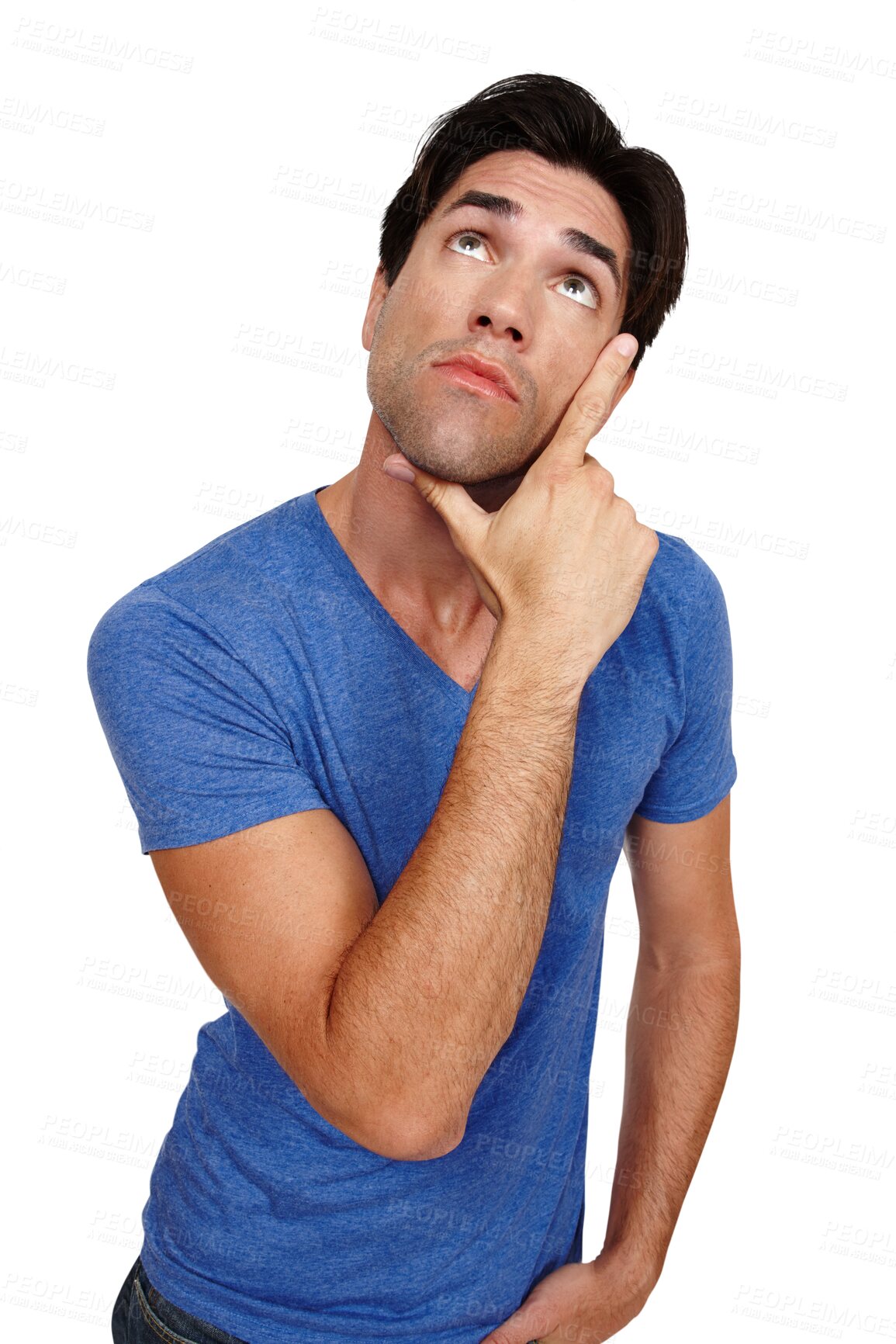 Buy stock photo Man, thinking and question or idea, brainstorming and remember or memory, plan and problem solving. Male person, wonder and why or choice, decision and dream or isolated on transparent png background