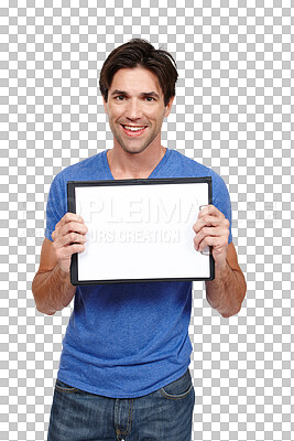 Buy stock photo Man, empty clipboard and smile in portrait, sign up and paper for advertising, info and logo. Male person, branding and poster or ambassador, announcement and isolated on transparent png background