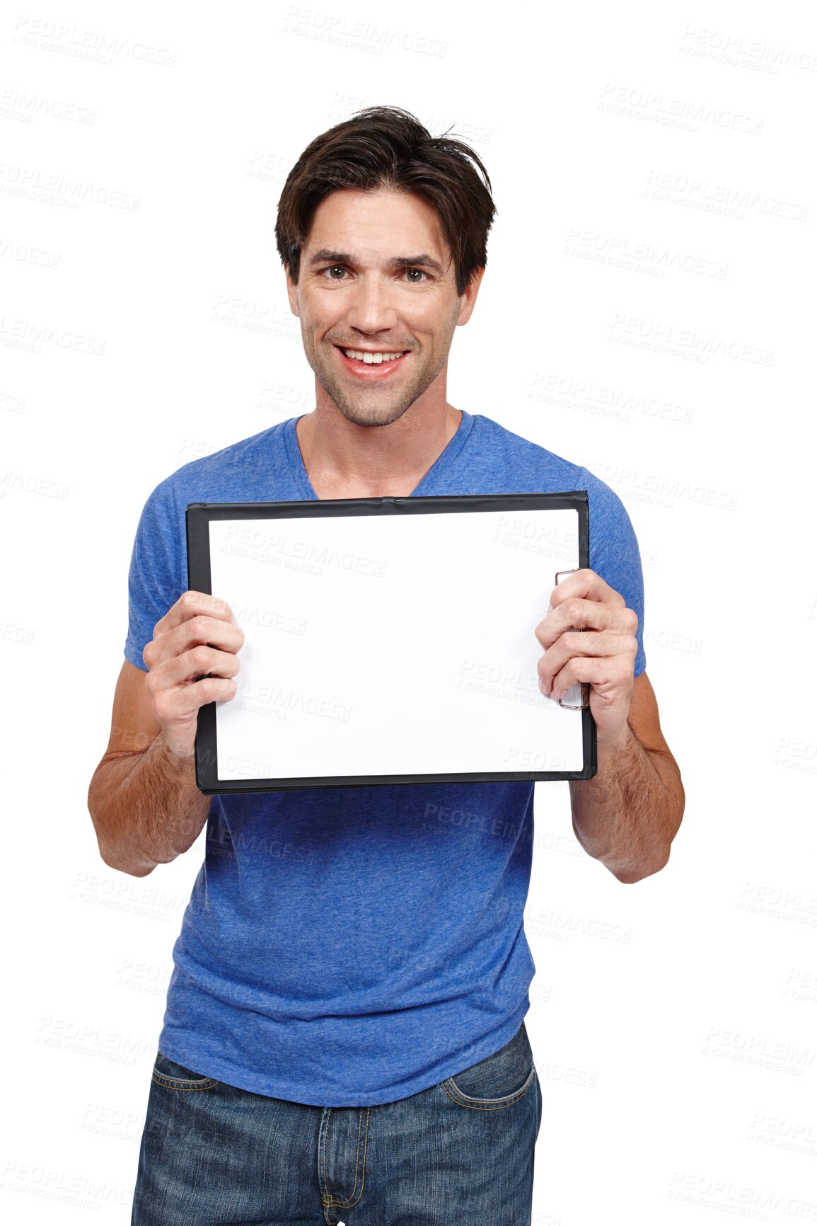 Buy stock photo Man, empty clipboard and smile in portrait, sign up and paper for advertising, info and logo. Male person, branding and poster or ambassador, announcement and isolated on transparent png background